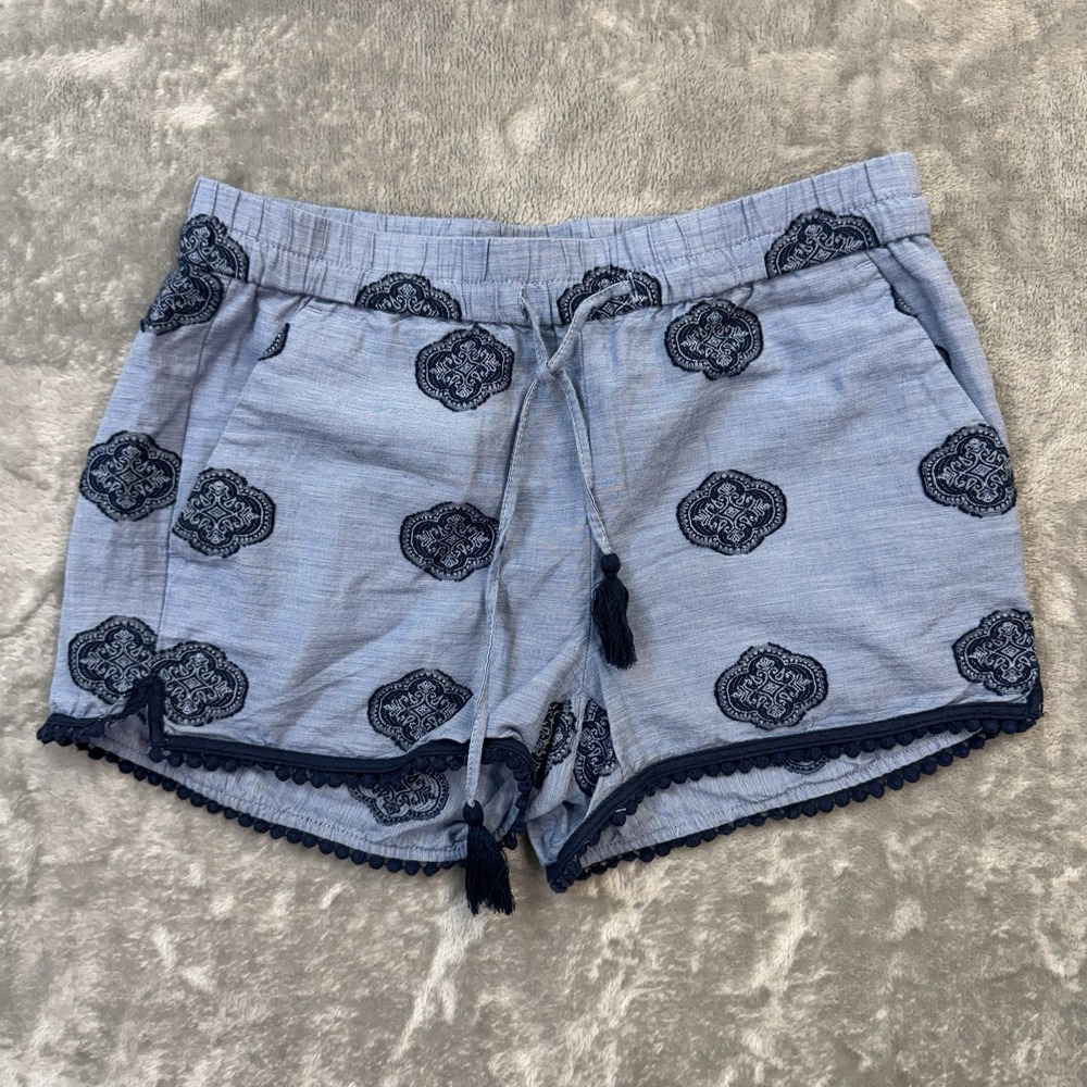 Loft Outlet Blue Medallion Boho Shorts Sz XS Tassel Pom Trim & Drawstring